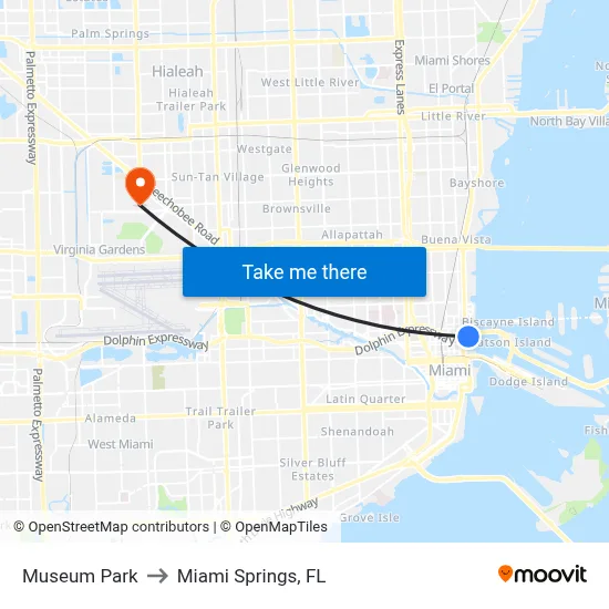 Museum Park to Miami Springs, FL map