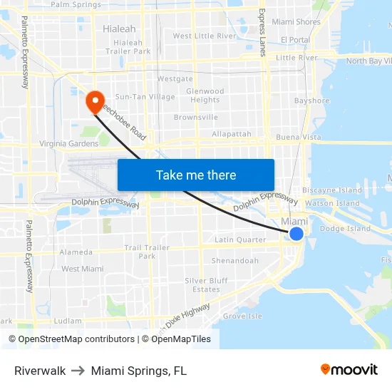 Riverwalk to Miami Springs, FL map