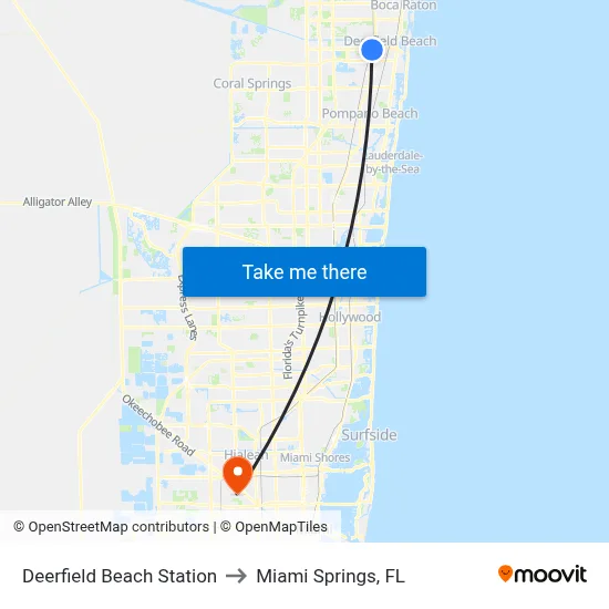 Deerfield Beach Station to Miami Springs, FL map