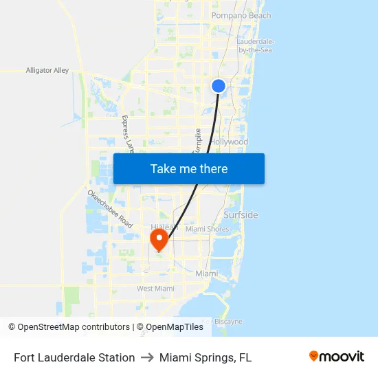 Fort Lauderdale Station to Miami Springs, FL map