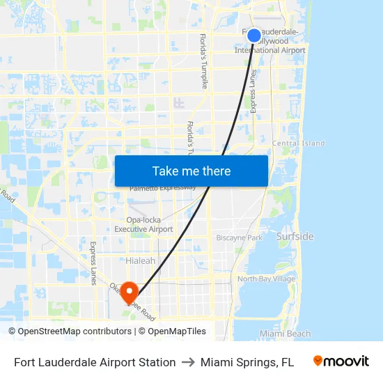 Fort Lauderdale Airport Station to Miami Springs, FL map