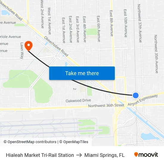 Hialeah Market Tri-Rail Station to Miami Springs, FL map