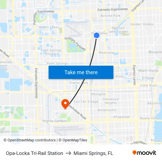 Opa-Locka Tri-Rail Station to Miami Springs, FL map