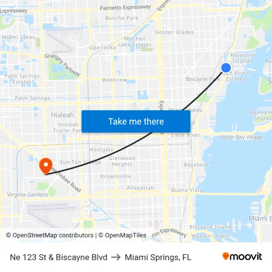 Ne 123 St & Biscayne Blvd to Miami Springs, FL map