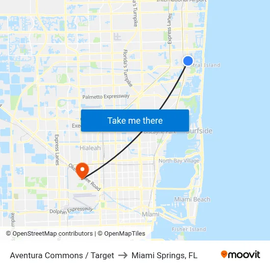 Aventura Commons / Target to Miami Springs, FL map