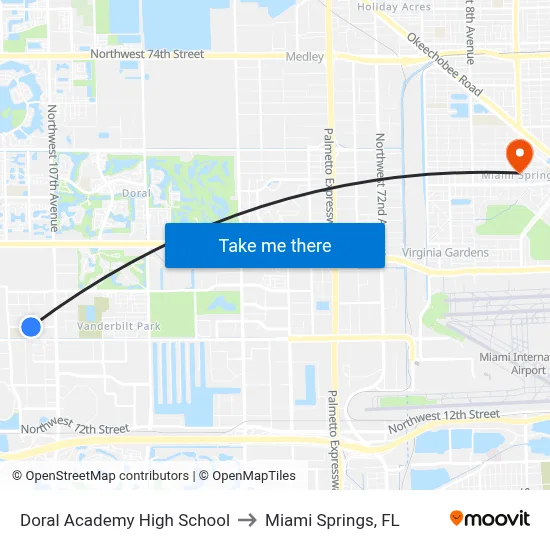 Doral Academy High School to Miami Springs, FL map