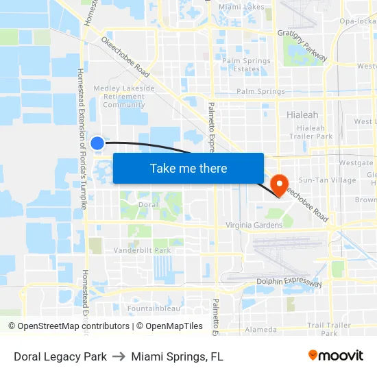 Doral Legacy Park to Miami Springs, FL map