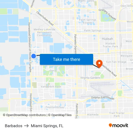 Barbados to Miami Springs, FL map
