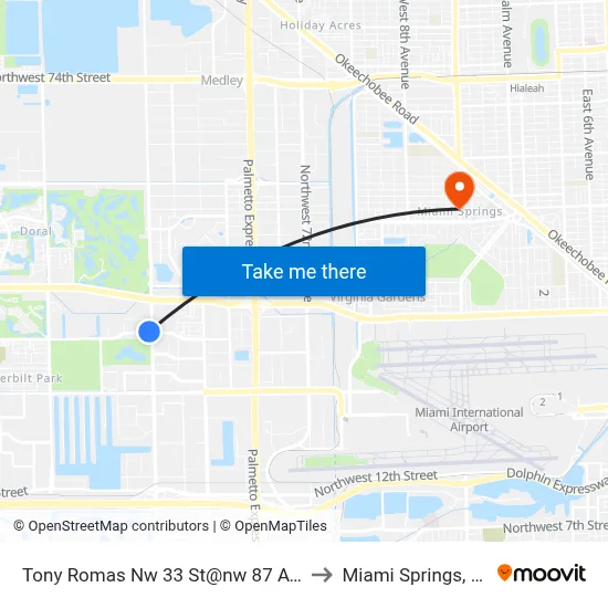 Tony Romas Nw 33 St@nw 87 Ave to Miami Springs, FL map