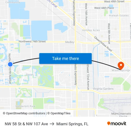 NW 58 St & NW 107 Ave to Miami Springs, FL map