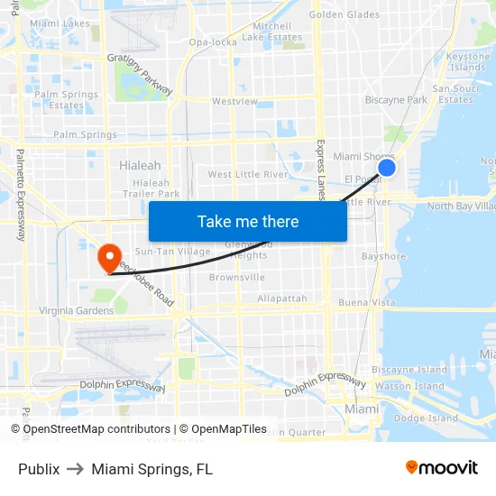 Publix to Miami Springs, FL map