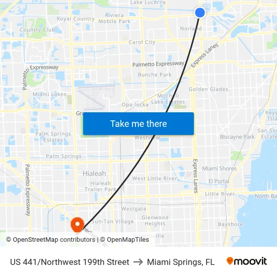 US 441/Northwest 199th Street to Miami Springs, FL map