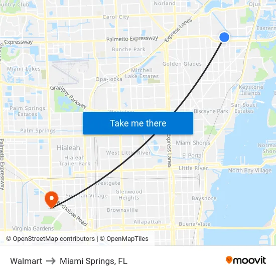 Walmart to Miami Springs, FL map