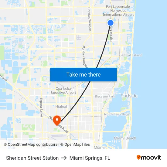 Sheridan Street Station to Miami Springs, FL map