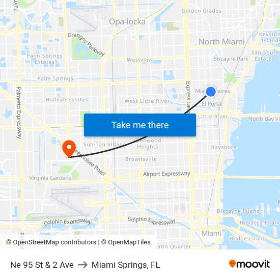Ne 95 St & 2 Ave to Miami Springs, FL map