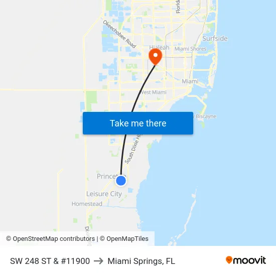 Sw 248 St & #11900 to Miami Springs, FL map