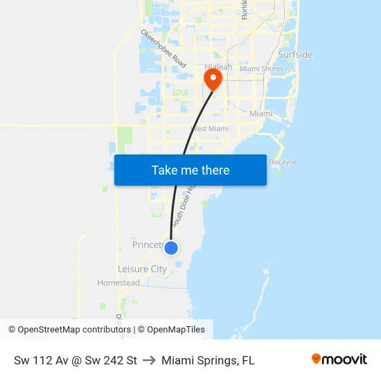 Sw 112 Av @ Sw 242 St to Miami Springs, FL map