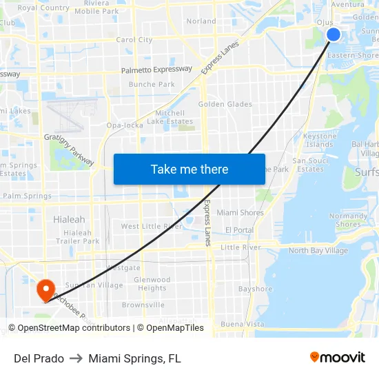 Del Prado to Miami Springs, FL map