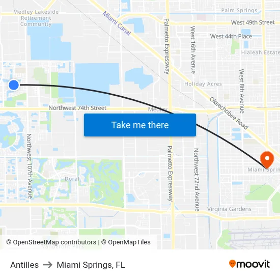 Antilles to Miami Springs, FL map