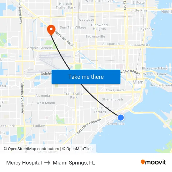 Mercy Hospital to Miami Springs, FL map