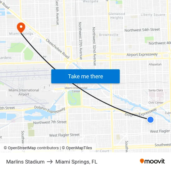 Marlins Stadium to Miami Springs, FL map
