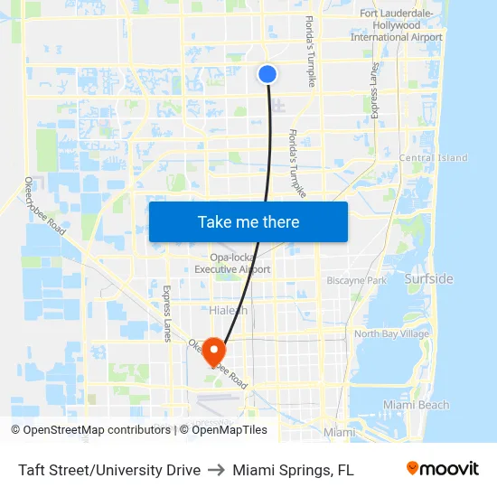 Taft Street/University Drive to Miami Springs, FL map