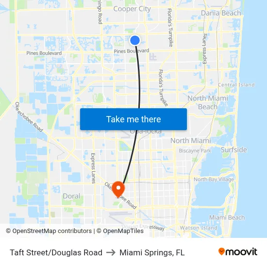 Taft Street/Douglas Road to Miami Springs, FL map