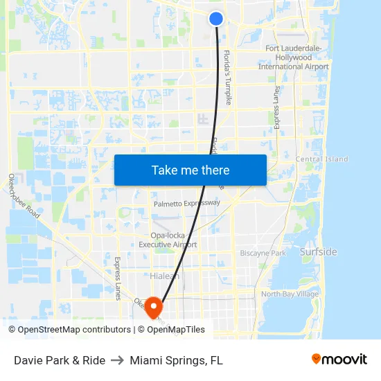 Davie Park & Ride to Miami Springs, FL map