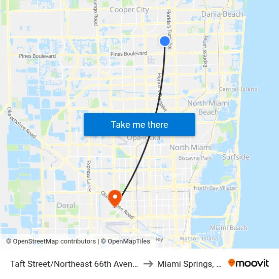 Taft Street/Northeast 66th Avenue to Miami Springs, FL map