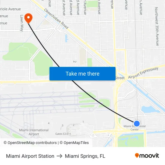 Miami Airport Station to Miami Springs, FL map
