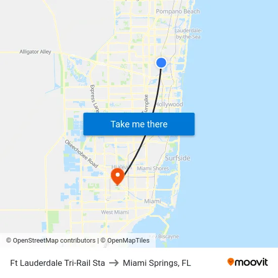 Ft Lauderdale Tri-Rail Sta to Miami Springs, FL map