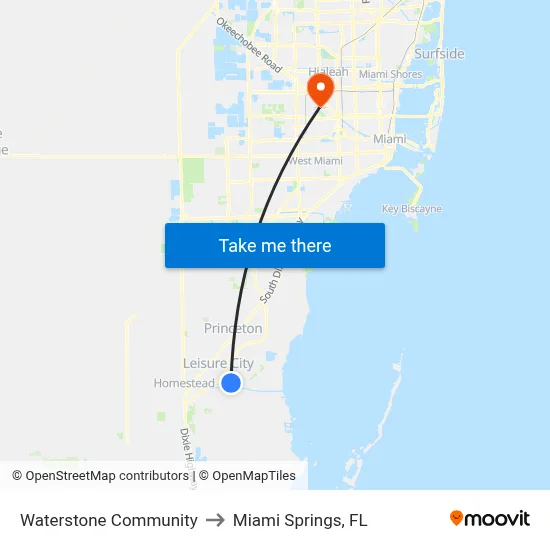 Waterstone Community to Miami Springs, FL map