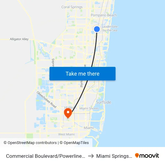 Commercial Boulevard/Powerline Road to Miami Springs, FL map