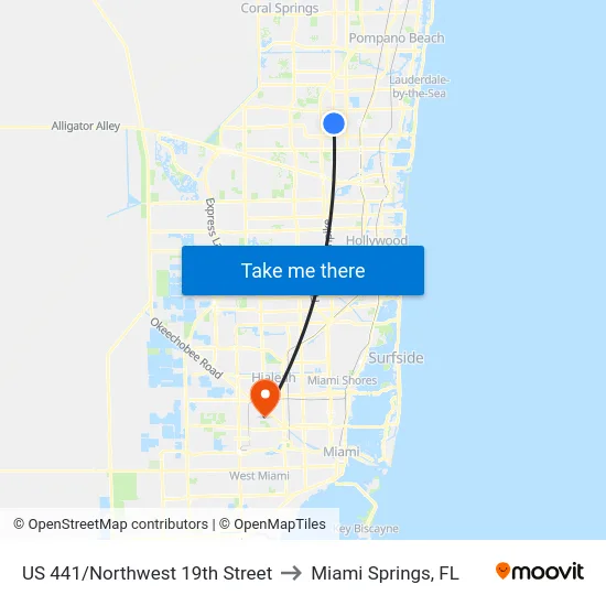 US 441/Northwest 19th Street to Miami Springs, FL map