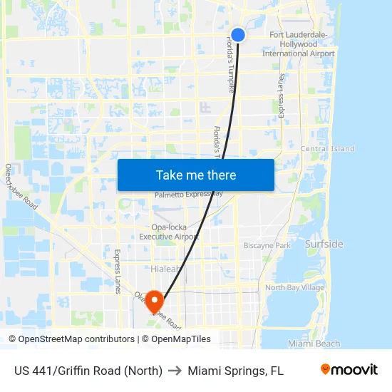 US 441/Griffin Road (North) to Miami Springs, FL map