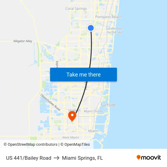 US 441/Bailey Road to Miami Springs, FL map
