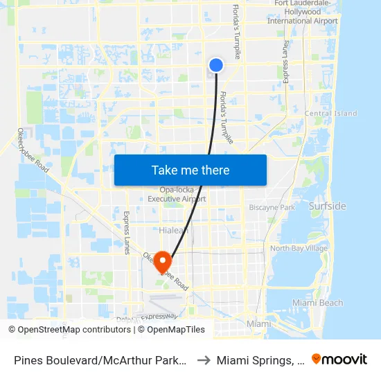 Pines Boulevard/McArthur Parkway to Miami Springs, FL map