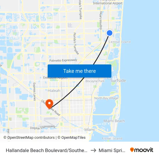Hallandale Beach Boulevard/Southeast 3rd Avenue to Miami Springs, FL map