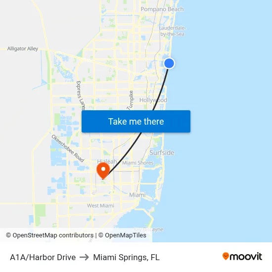 A1A/Harbor Drive to Miami Springs, FL map