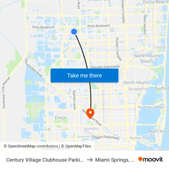Century Village Clubhouse Parking to Miami Springs, FL map