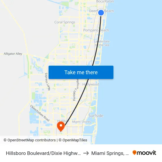 Hillsboro Boulevard/Dixie Highway to Miami Springs, FL map