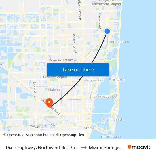 Dixie Highway/Northwest 3rd Street to Miami Springs, FL map