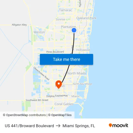 US 441/Broward Boulevard to Miami Springs, FL map