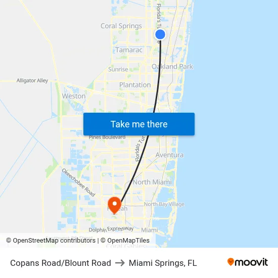 Copans Road/Blount Road to Miami Springs, FL map