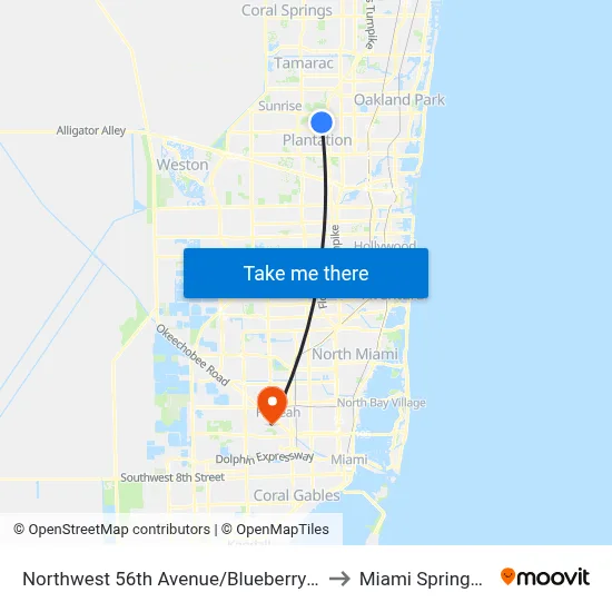 Northwest 56th Avenue/Blueberry Circle to Miami Springs, FL map