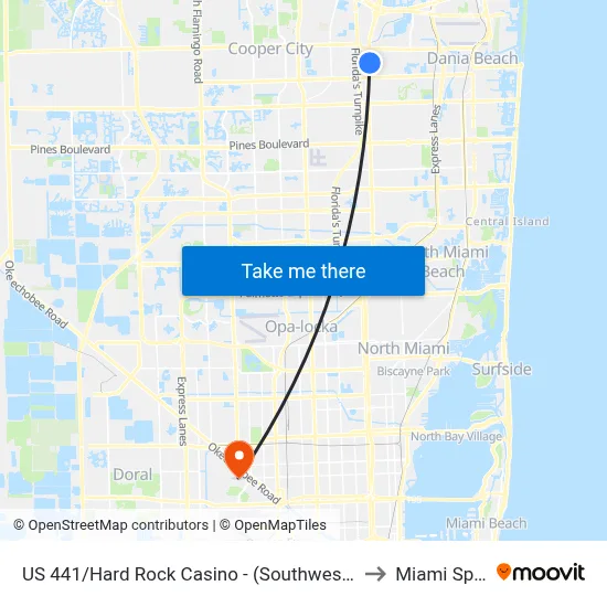 US 441/Hard Rock Casino - (Southwest 54th Street/Lucky Street) to Miami Springs, FL map
