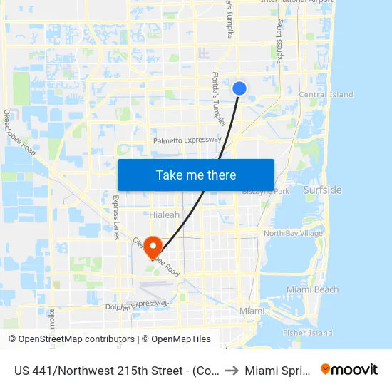 US 441/Northwest 215th Street - (County Line Road) to Miami Springs, FL map