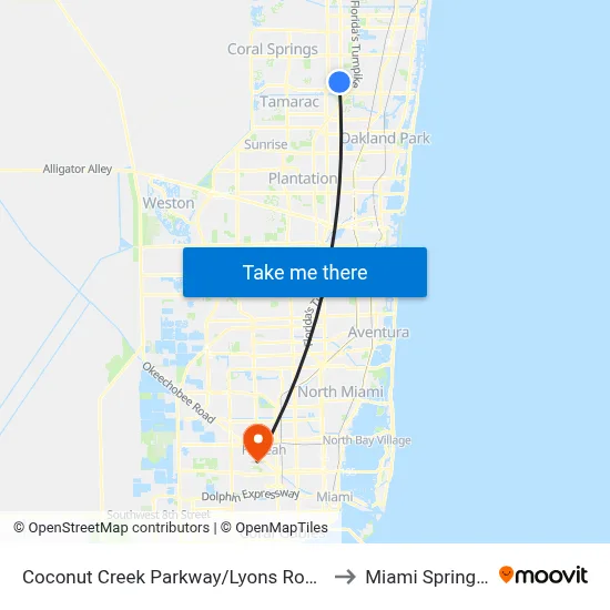 Coconut Creek Parkway/Lyons Road (West) to Miami Springs, FL map