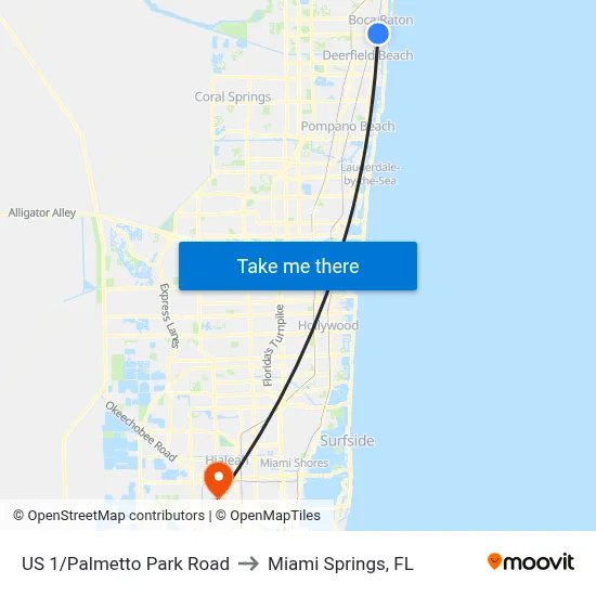 US 1/Palmetto Park Road to Miami Springs, FL map