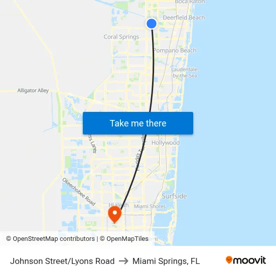 Johnson Street/Lyons Road to Miami Springs, FL map